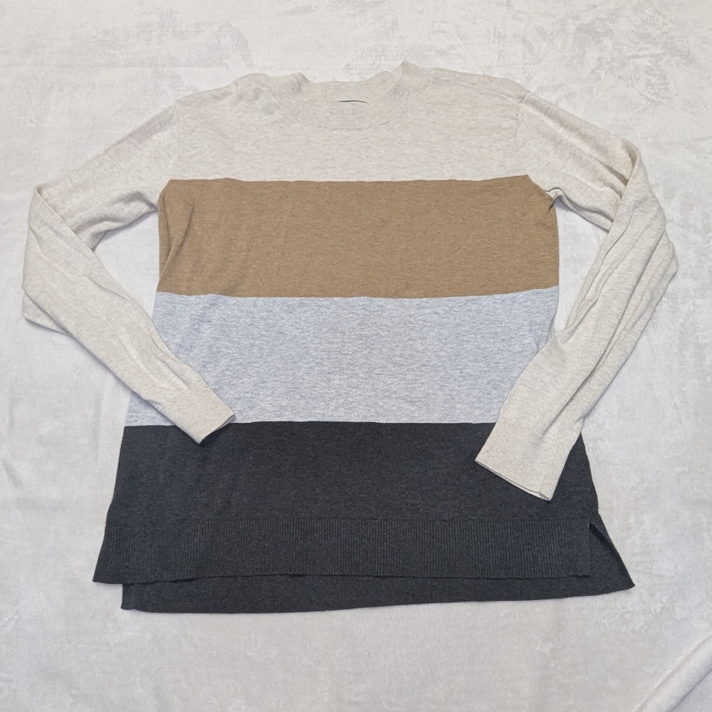 Lands' End Women's Striped Sweater - Cream, Tan, Gray, Black Size Small